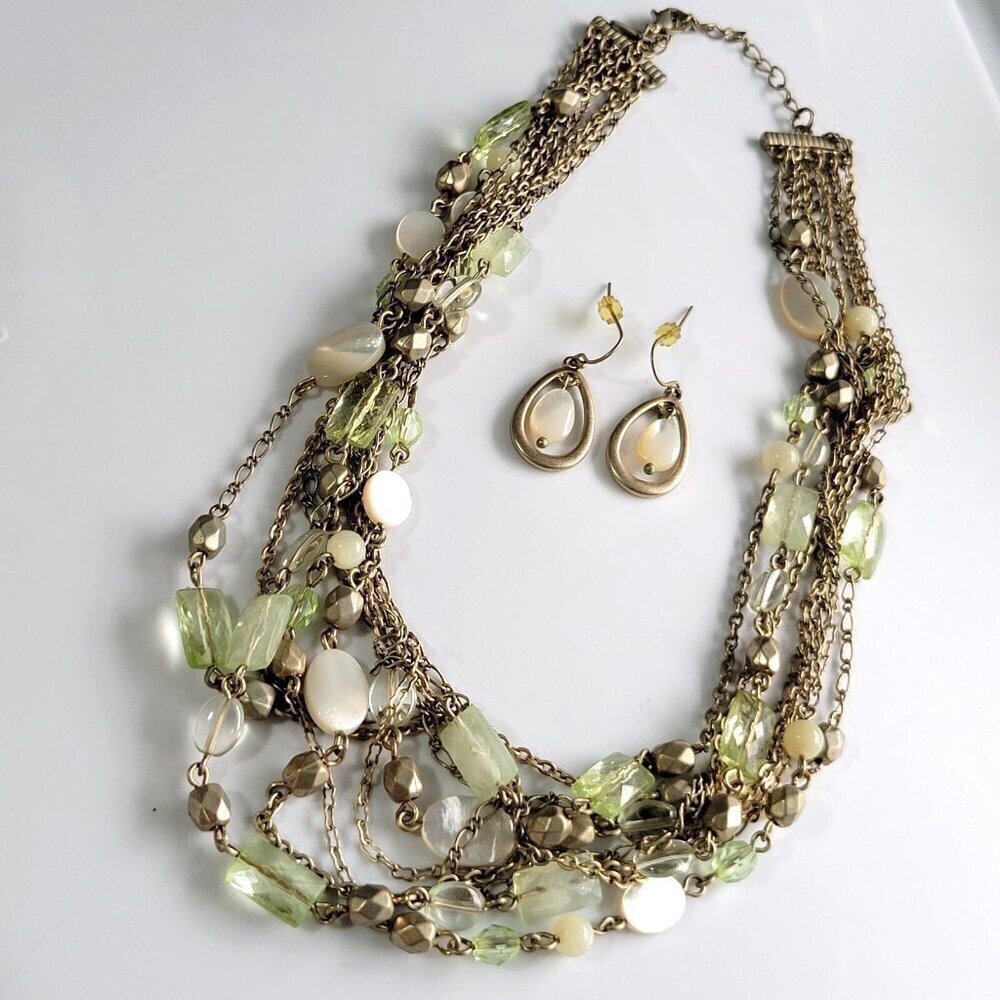 Lia Sophia Statement Necklace & Drop Earrings Set Mother of Pearl Green 16"